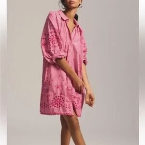 Scotch & Soda Shirt Dress Pink White Stripe 36 Embroidered Scalloped Hem